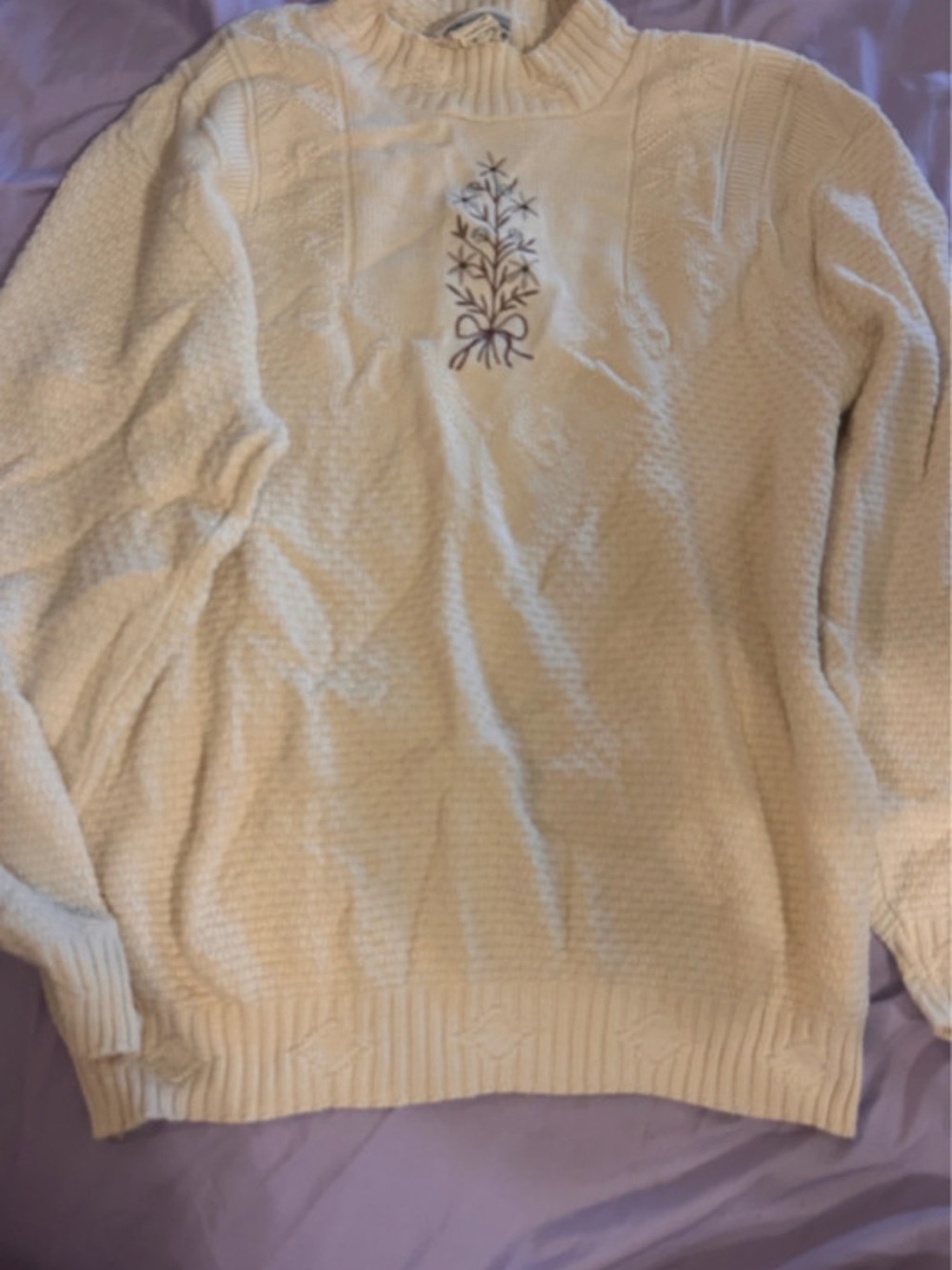 Grace Cream Crewneck Sweater with Embroidered Bow & Sprig